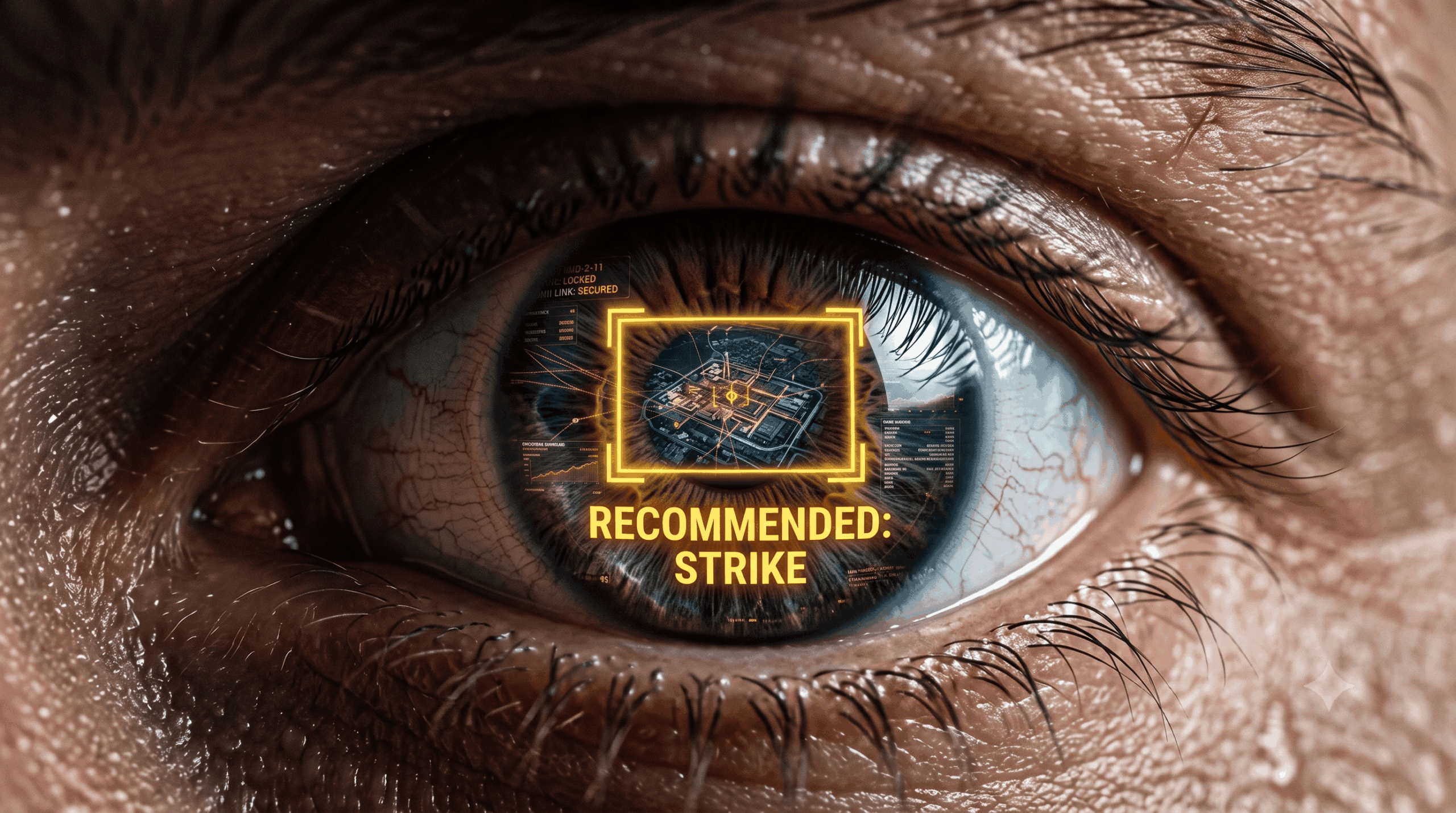 Blog 3-7-2026 - Oog Close-Up Gemini GeneratedMacro-opname van een menselijk oog met een weerspiegeling van een high-tech AI-oorlogsvoering interface die een doelwit selecteert met de waarschuwing RECOMMENDED: STRIKE.